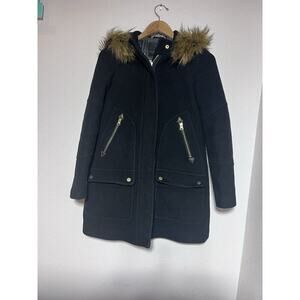 J. Crew Coat Parka Size 0 Black Stadium Cloth Faux Fur Hood Wool Blend Winter